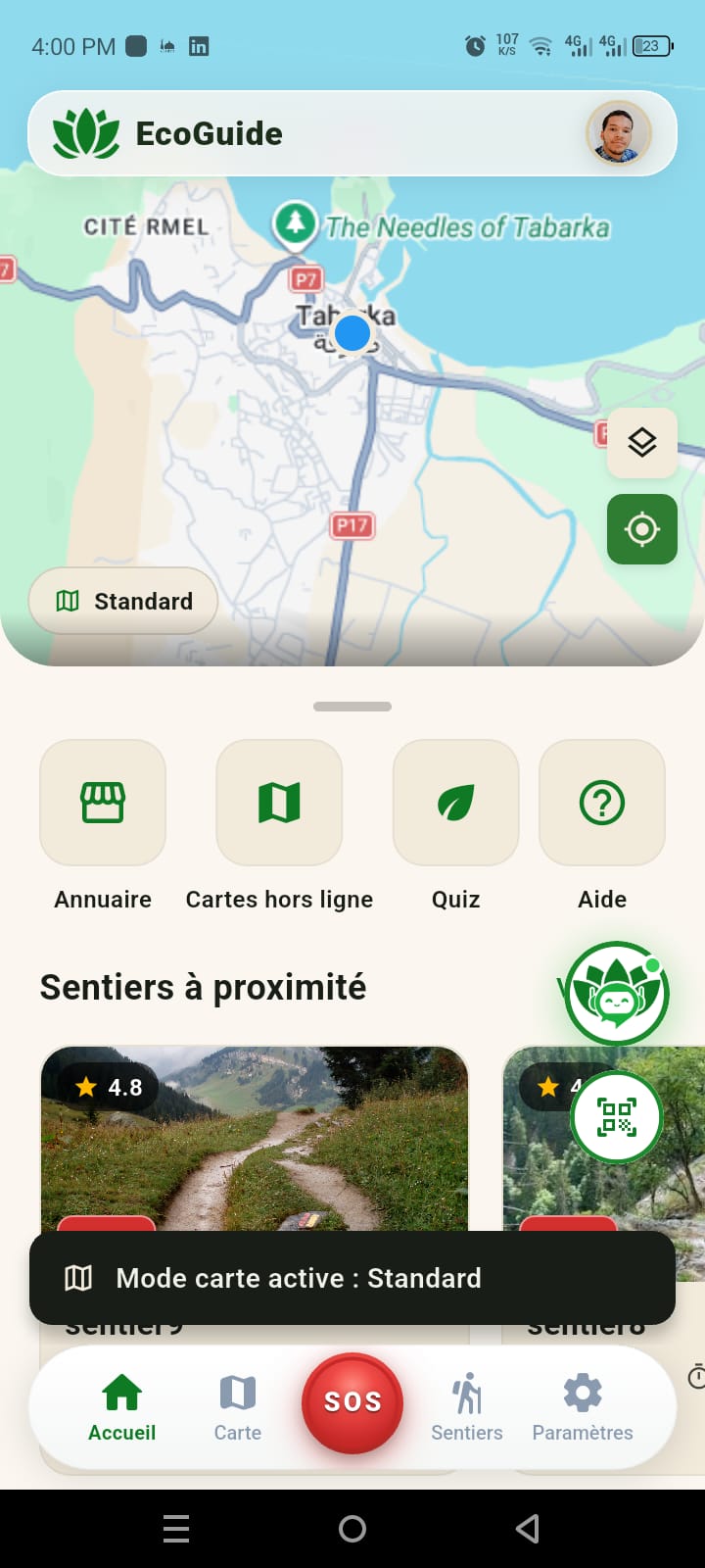 Écran d'accueil d'EcoGuide : carte de Tabarka, actions rapides et sentiers à proximité