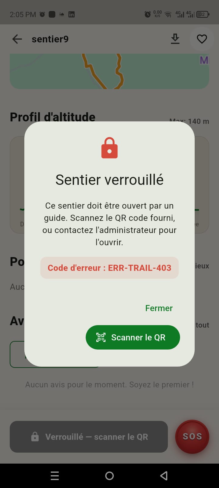 Sentier verrouillé : fenêtre invitant à scanner le QR code d'un guide