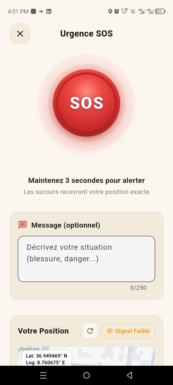 Écran d'urgence SOS avec position GPS et contacts de secours